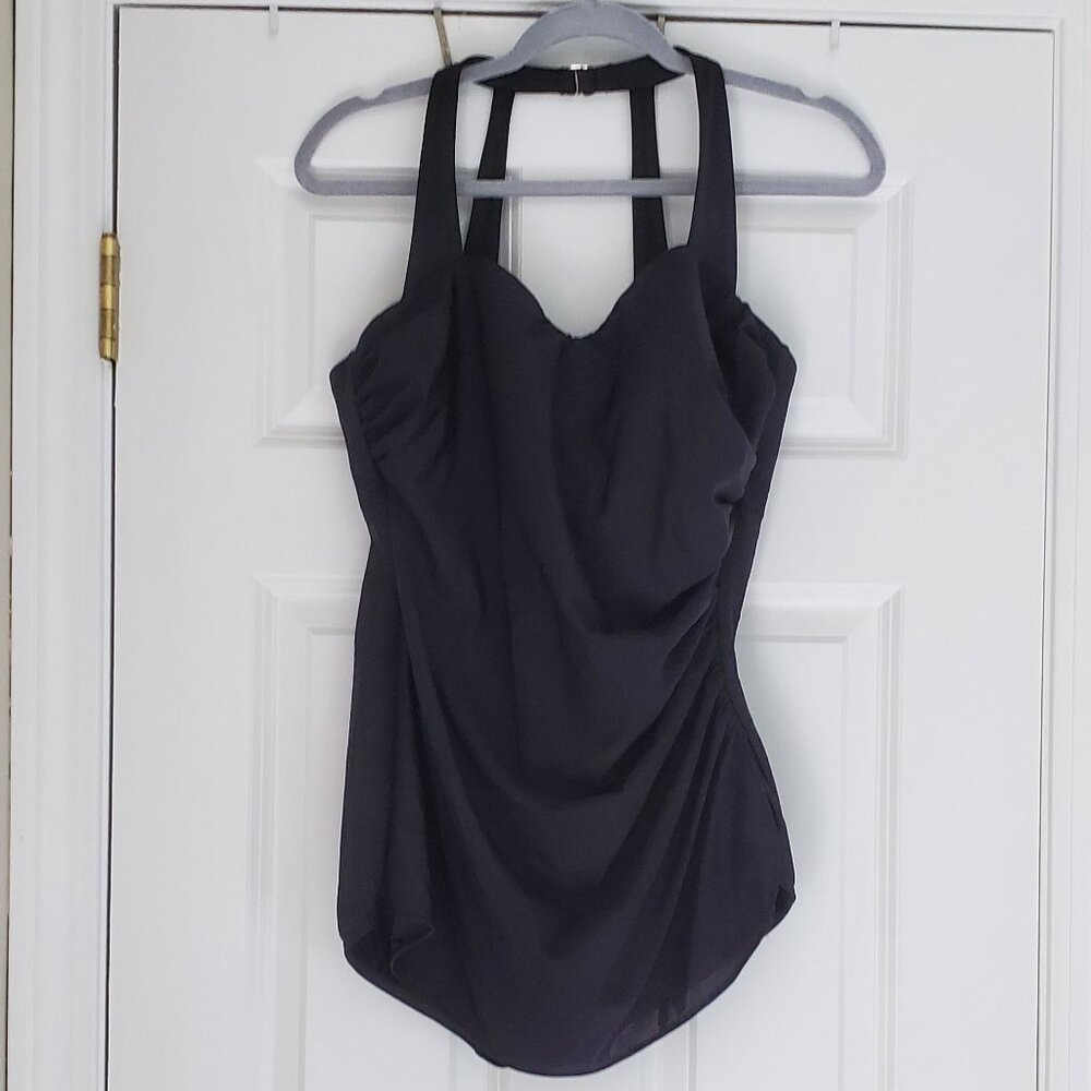 Land's End Black Gathered Waist Skirted One Piece Swimsuit